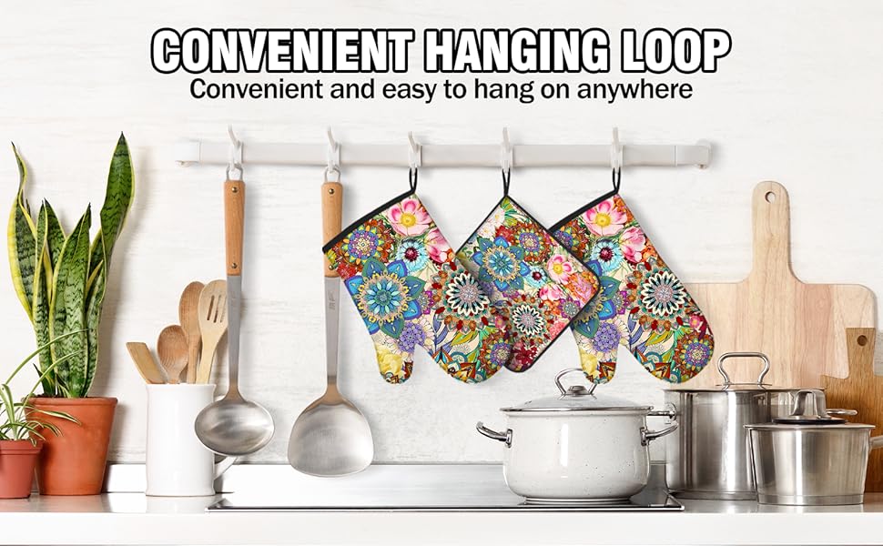 Boho Floral Oven Mitts and Pot Holders Sets, Heat Resistant Colorful Kitchen Gloves Hot Pads, Cute Baker Stuff, Chef Cooking Baking Gifts for Women Bakers, Kitchen Gifts for Cooking Lover Cooks Mom