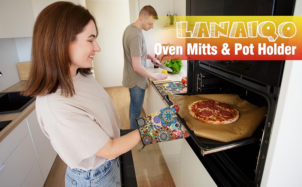 Boho Floral Oven Mitts and Pot Holders Sets, Heat Resistant Colorful Kitchen Gloves Hot Pads, Cute Baker Stuff, Chef Cooking Baking Gifts for Women Bakers, Kitchen Gifts for Cooking Lover Cooks Mom