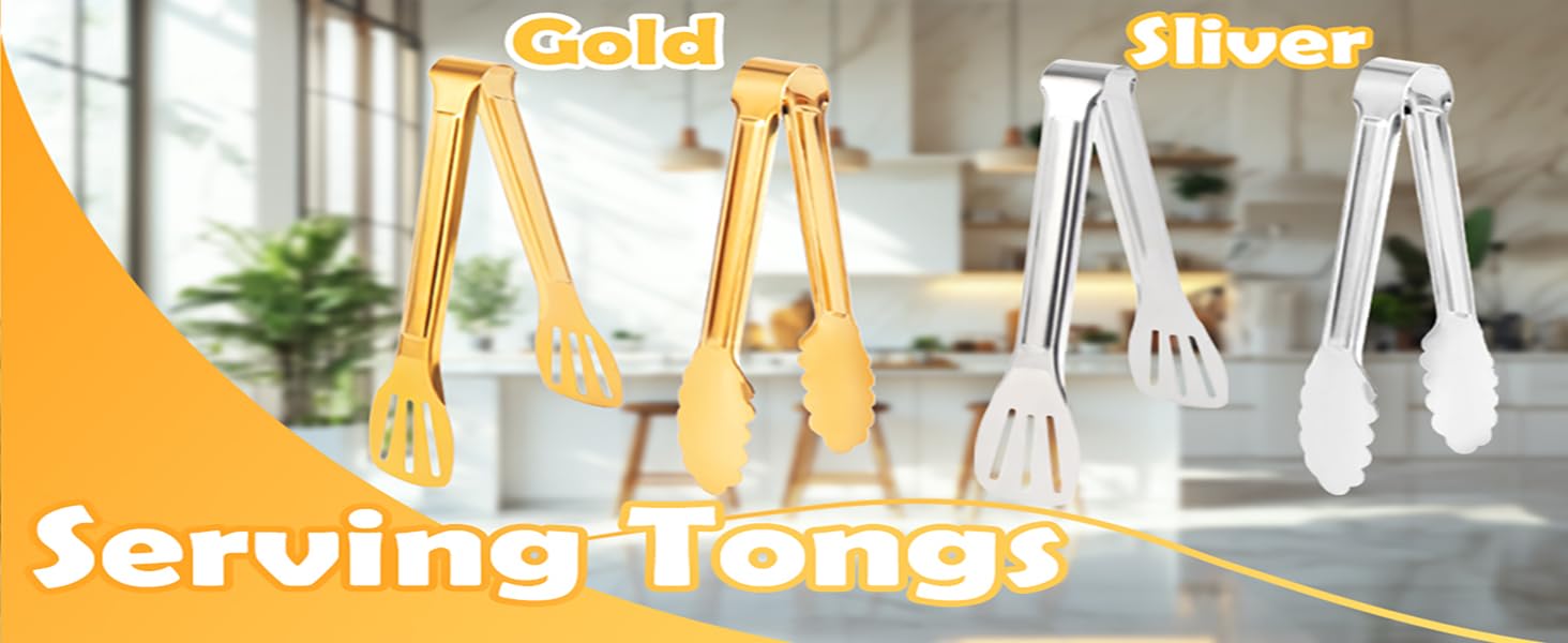 4 Pack Gold Serving Tongs,Metal Serving tongs,for buffet,party,9 Inch,Gold Utensills,(tongs for serving food)
