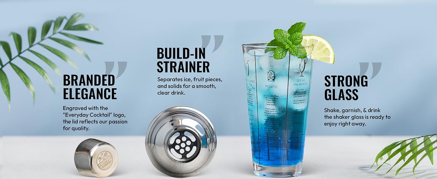 EVERYDAY COCKTAIL - Professional Glass Cocktail Shaker 14 oz, Martini Shaker with Recipes and Measurements, Built-in Strainer and Leakproof Seal, Clear Bar Tool for Margaritas, Martinis