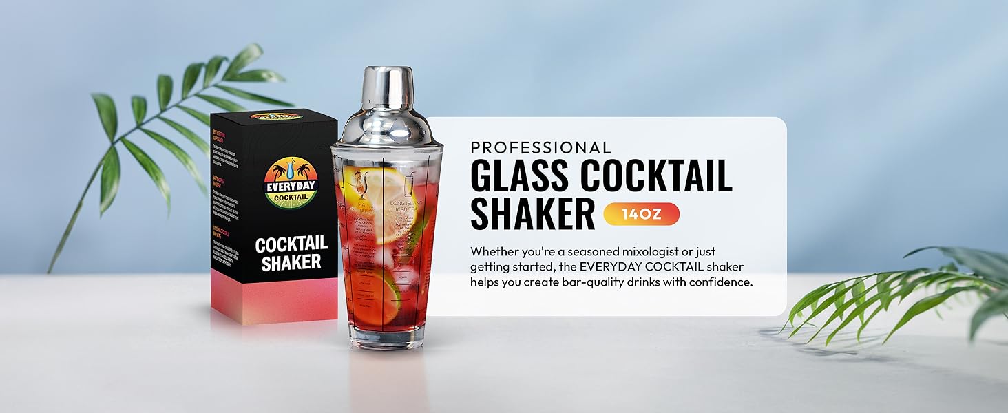 EVERYDAY COCKTAIL - Professional Glass Cocktail Shaker 14 oz, Martini Shaker with Recipes and Measurements, Built-in Strainer and Leakproof Seal, Clear Bar Tool for Margaritas, Martinis