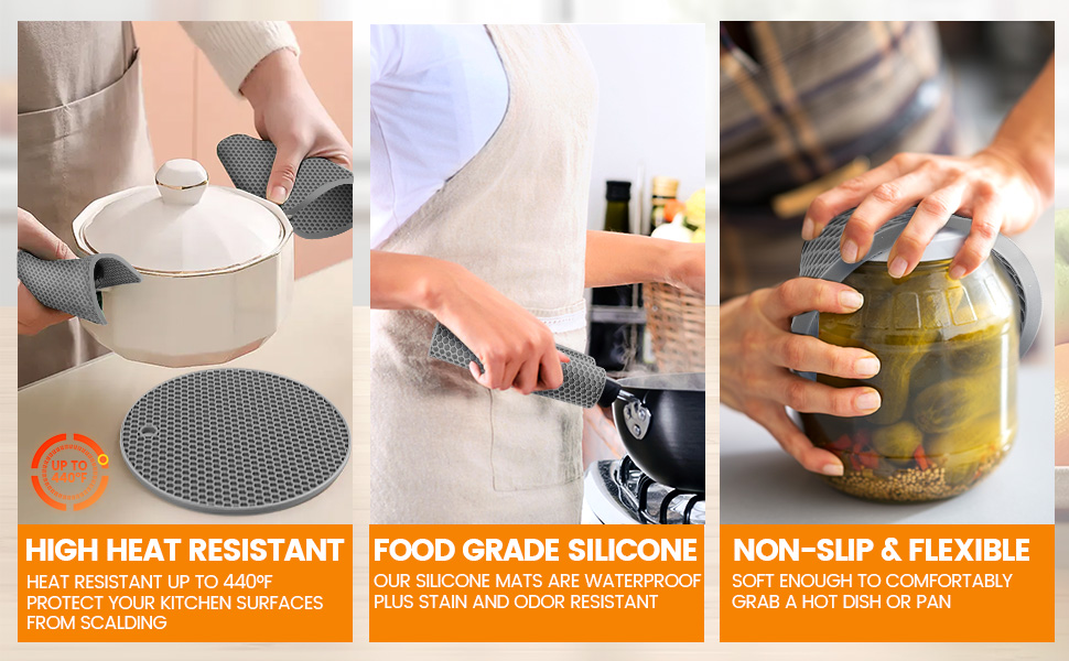 Silicone Trivet Mats 4 Heat Resistant Pot Holders Multipurpose Non-Slip Hot Pads for Kitchen Potholders, Drying mat, Jar Opener, Spoon Holder, Coaster.(Dark Grey)