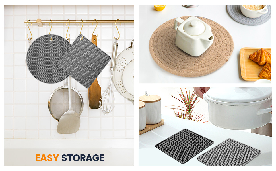 Silicone Trivet Mats 4 Heat Resistant Pot Holders Multipurpose Non-Slip Hot Pads for Kitchen Potholders, Drying mat, Jar Opener, Spoon Holder, Coaster.(Dark Grey)