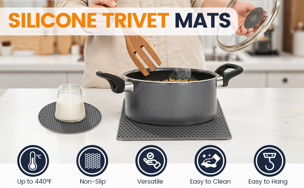 Silicone Trivet Mats 4 Heat Resistant Pot Holders Multipurpose Non-Slip Hot Pads for Kitchen Potholders, Drying mat, Jar Opener, Spoon Holder, Coaster.(Dark Grey)