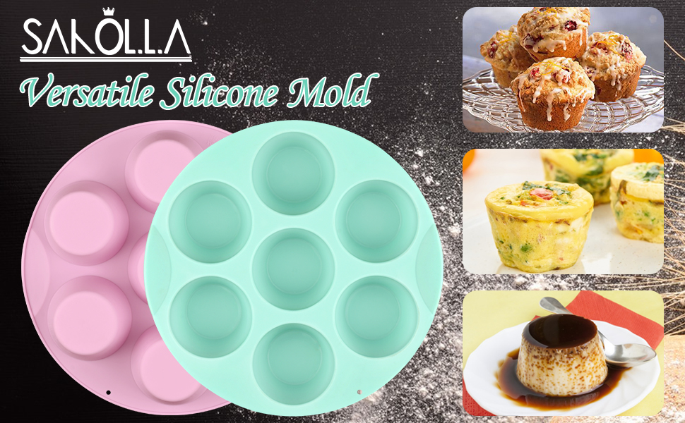 Sakolla 2 Pack Silicone Egg Bite Molds for Air Fryer, Nonstick 7 Cups Air Fryer Muffin Pan for Baking Egg Bite, Mini Muffins, Tart, Mini Cupcake and Quiche (Pink + Green)