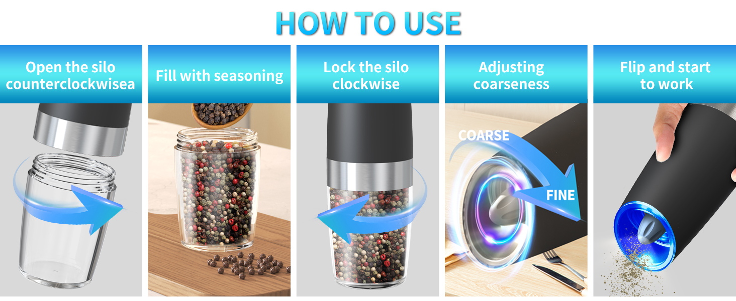 CIRCLE JOY Gravity Electric Salt and Pepper Grinder Set Automatic Salt and Pepper Grinder Set with LED Light, Battery Operated, Adjustable Coarseness, Large Capacity, for Home Kitchen BBQ, Black