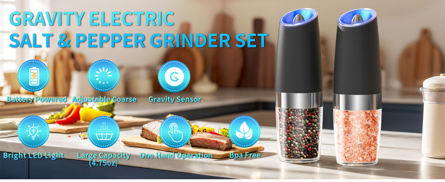 CIRCLE JOY Gravity Electric Salt and Pepper Grinder Set Automatic Salt and Pepper Grinder Set with LED Light, Battery Operated, Adjustable Coarseness, Large Capacity, for Home Kitchen BBQ, Black
