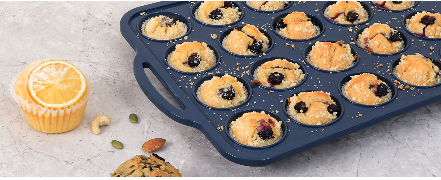 Mini Silicone Muffin Pan with Metal Frame, Non Stick Silicone Cupcake Pan with Handles 24 Cup, BPA Free Silicon Muffin Tin Tray Small for baking, egg bites, Cupcake Mold Grey