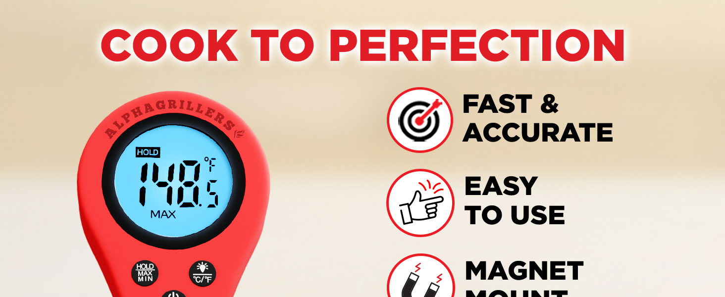 Alpha Grillers Instant Food Thermometer for Meat and Cooking Sourdough Bread Baking Supplies Grilling Gifts for Men Women Gifts for Mom Seniors, Long Probe Large Backlit Display