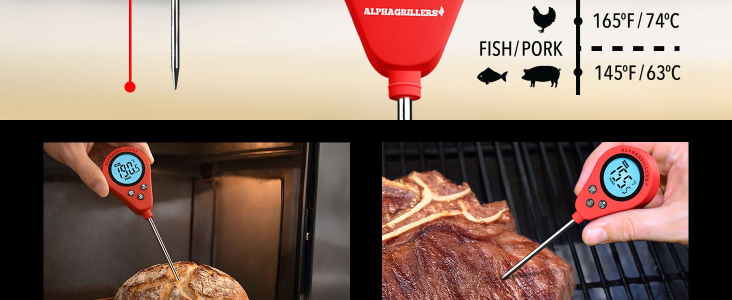 Alpha Grillers Instant Food Thermometer for Meat and Cooking Sourdough Bread Baking Supplies Grilling Gifts for Men Women Gifts for Mom Seniors, Long Probe Large Backlit Display