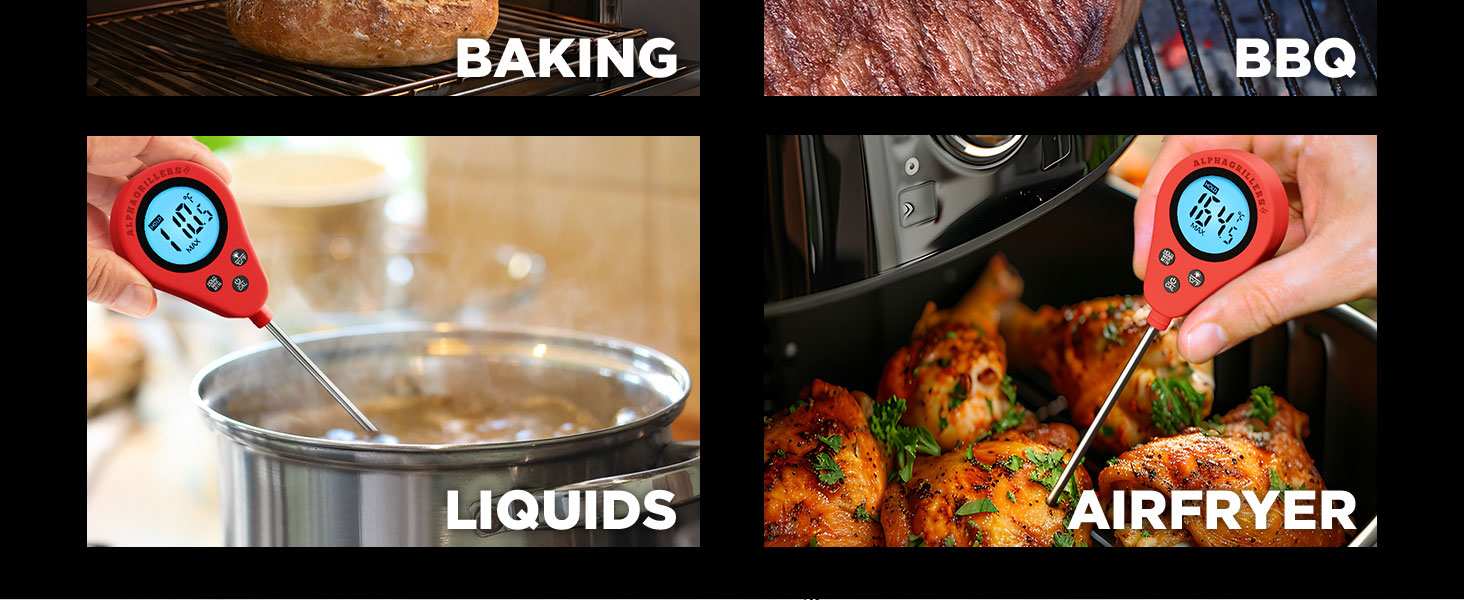 Alpha Grillers Instant Food Thermometer for Meat and Cooking Sourdough Bread Baking Supplies Grilling Gifts for Men Women Gifts for Mom Seniors, Long Probe Large Backlit Display