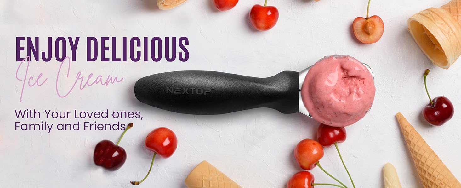 Nextop Ice Cream Scoop with Comfortable Handle - Ergonomic Spoon, Durable Perfect Metal Round Round Scoops Ideal for Ice Cream, Sorbet, Gelato Perfect for Home Use, Kitchen Essential. (Black)