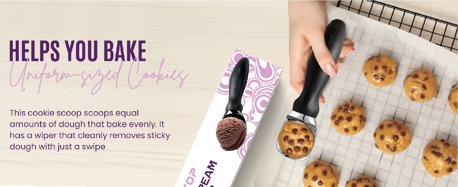 Nextop Ice Cream Scoop with Comfortable Handle - Ergonomic Spoon, Durable Perfect Metal Round Round Scoops Ideal for Ice Cream, Sorbet, Gelato Perfect for Home Use, Kitchen Essential. (Black)