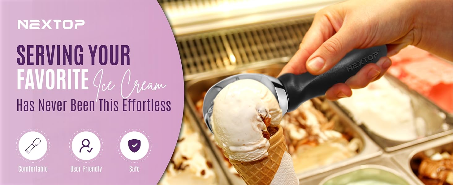 Nextop Ice Cream Scoop with Comfortable Handle - Ergonomic Spoon, Durable Perfect Metal Round Round Scoops Ideal for Ice Cream, Sorbet, Gelato Perfect for Home Use, Kitchen Essential. (Black)