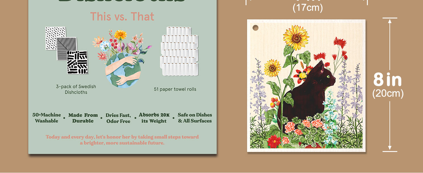 Swedish Dishcloths for Kitchen with Hooks - Reusable Dish Cloths for Washing Dishes Fast Drying Cute Fun 5 Pack Swedish Dish Towels Washable Cleaning Sponge, Black Cats