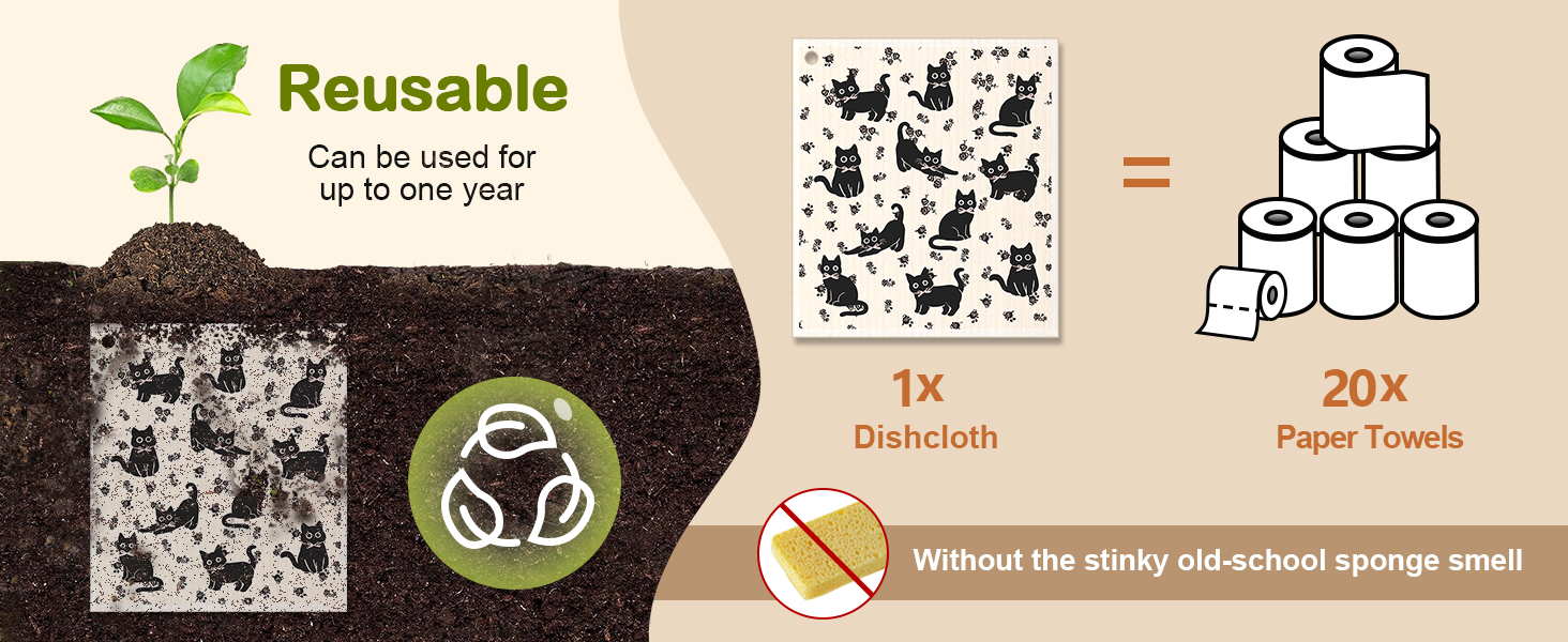 Swedish Dishcloths for Kitchen with Hooks - Reusable Dish Cloths for Washing Dishes Fast Drying Cute Fun 5 Pack Swedish Dish Towels Washable Cleaning Sponge, Black Cats