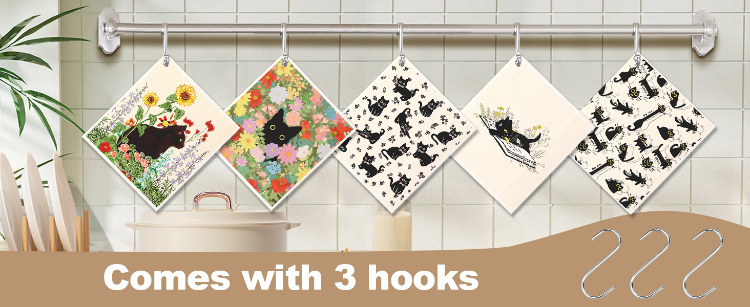 Swedish Dishcloths for Kitchen with Hooks - Reusable Dish Cloths for Washing Dishes Fast Drying Cute Fun 5 Pack Swedish Dish Towels Washable Cleaning Sponge, Black Cats