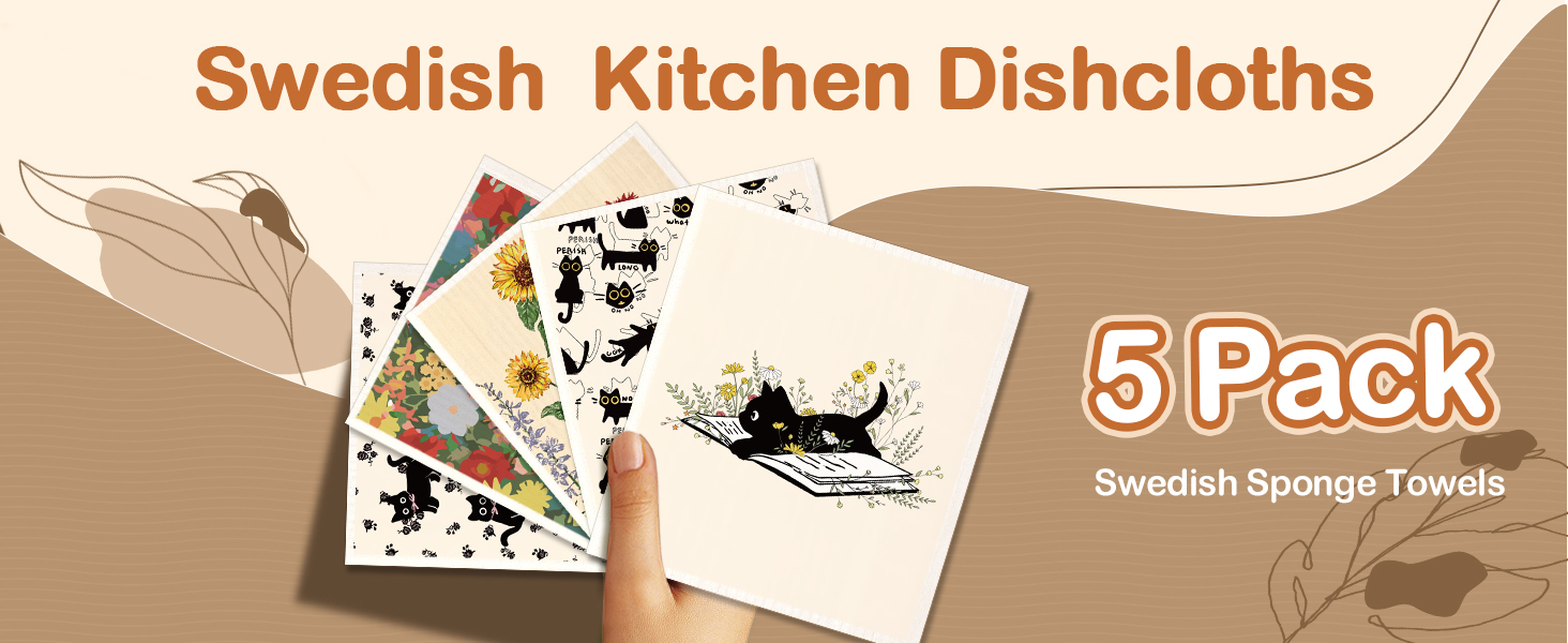 Swedish Dishcloths for Kitchen with Hooks - Reusable Dish Cloths for Washing Dishes Fast Drying Cute Fun 5 Pack Swedish Dish Towels Washable Cleaning Sponge, Black Cats