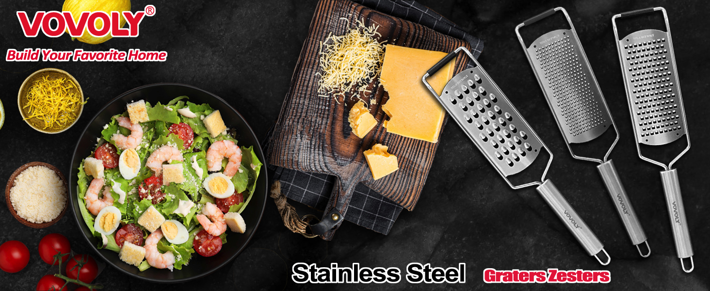 Vovoly 4-Pcs Pro Set Zester Grater Set, Cheese Grater with Razor-Sharp Stainless Steel Blade, Fine/Coarse/Extra Coarse/Slider Attachment