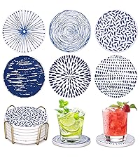 Absorbent Coasters Set of 6 Round Ceramic Coasters for Drinks Modern Blue Boho Coaster with Holder for Coffee Table Decor, Outdoor, Desk