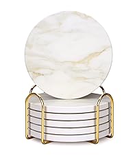 Absorbent Coasters Set of 6 Round Ceramic Coasters for Drinks Modern Blue Boho Coaster with Holder for Coffee Table Decor, Outdoor, Desk