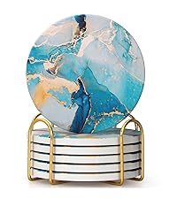 Absorbent Coasters Set of 6 Round Ceramic Coasters for Drinks Modern Blue Boho Coaster with Holder for Coffee Table Decor, Outdoor, Desk