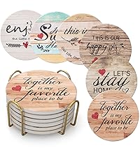 Absorbent Coasters Set of 6 Round Ceramic Coasters for Drinks Modern Blue Boho Coaster with Holder for Coffee Table Decor, Outdoor, Desk