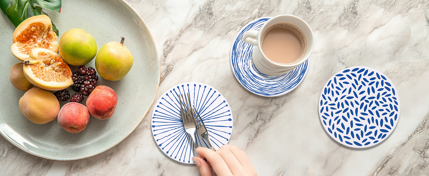 Absorbent Coasters Set of 6 Round Ceramic Coasters for Drinks Modern Blue Boho Coaster with Holder for Coffee Table Decor, Outdoor, Desk