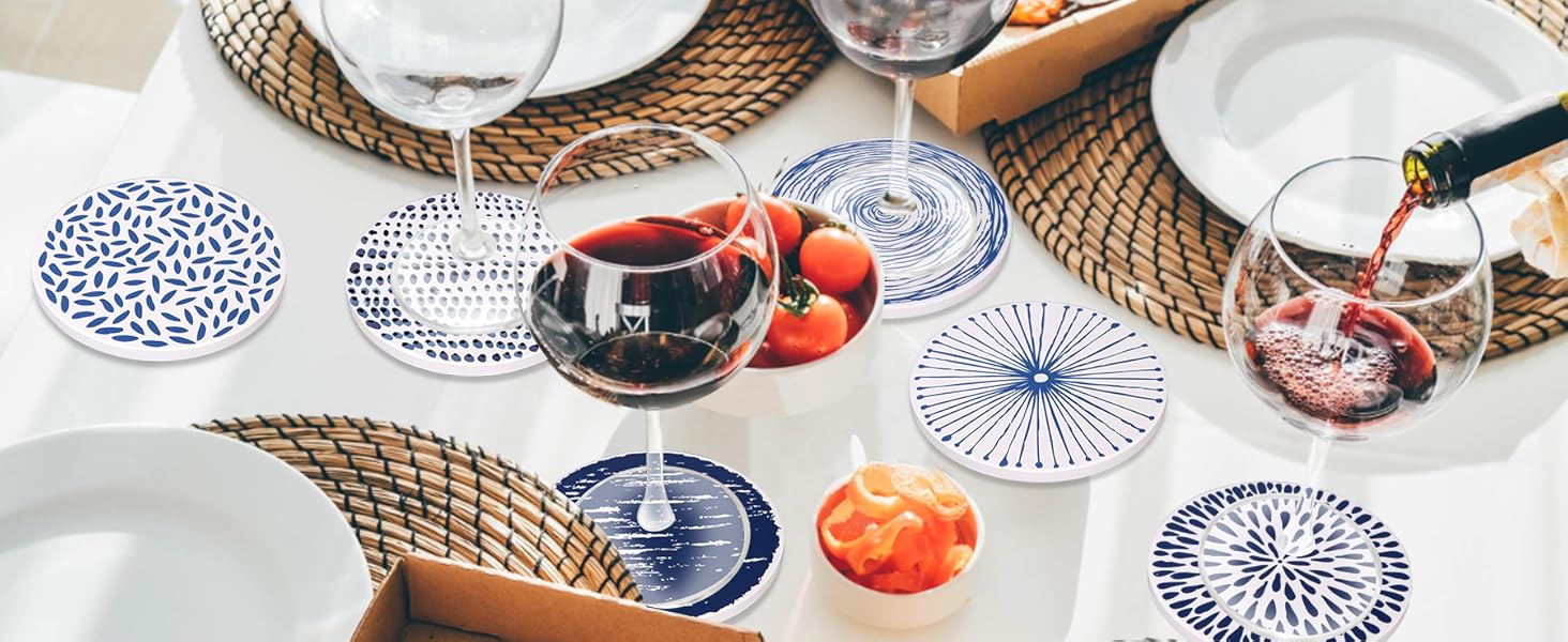 Absorbent Coasters Set of 6 Round Ceramic Coasters for Drinks Modern Blue Boho Coaster with Holder for Coffee Table Decor, Outdoor, Desk