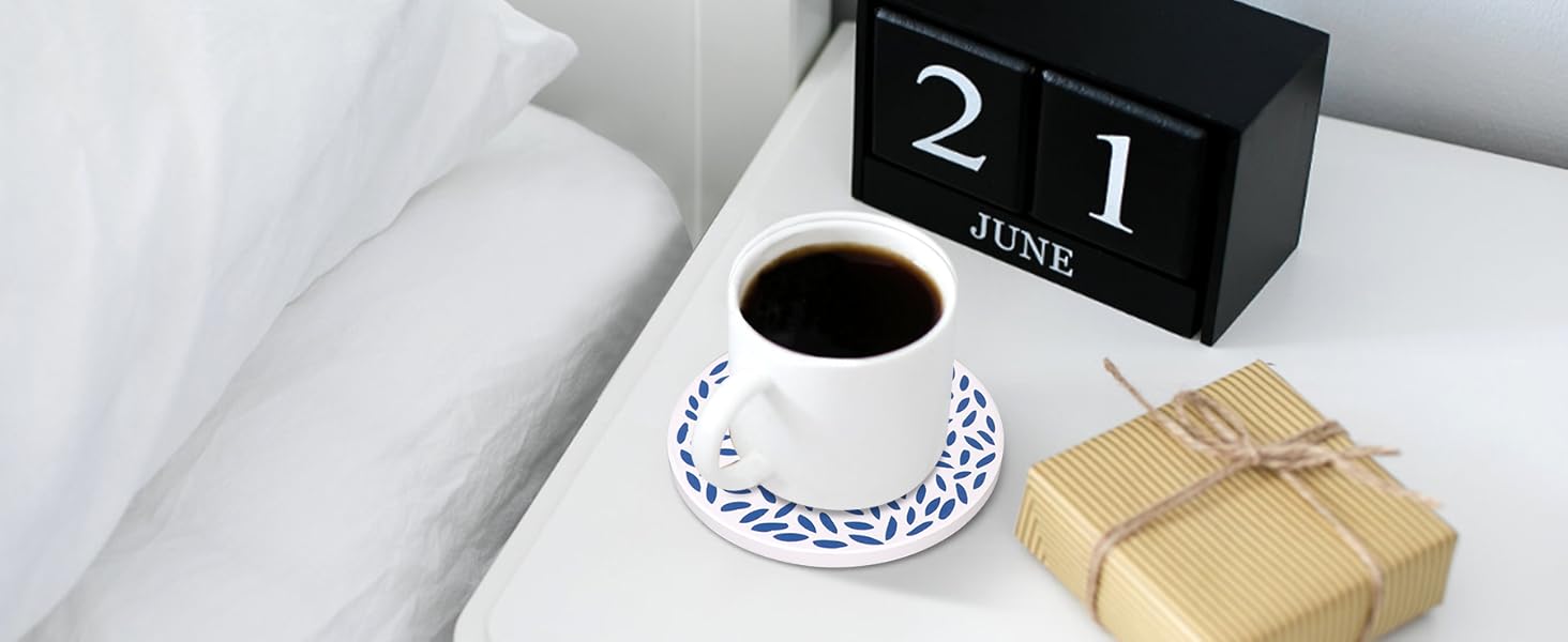 Absorbent Coasters Set of 6 Round Ceramic Coasters for Drinks Modern Blue Boho Coaster with Holder for Coffee Table Decor, Outdoor, Desk