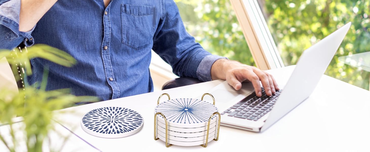 Absorbent Coasters Set of 6 Round Ceramic Coasters for Drinks Modern Blue Boho Coaster with Holder for Coffee Table Decor, Outdoor, Desk