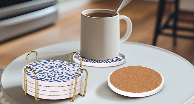 Absorbent Coasters Set of 6 Round Ceramic Coasters for Drinks Modern Blue Boho Coaster with Holder for Coffee Table Decor, Outdoor, Desk