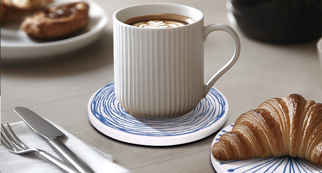 Absorbent Coasters Set of 6 Round Ceramic Coasters for Drinks Modern Blue Boho Coaster with Holder for Coffee Table Decor, Outdoor, Desk