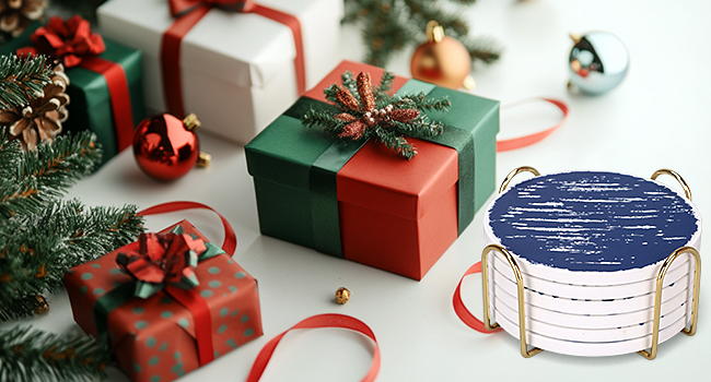 Absorbent Coasters Set of 6 Round Ceramic Coasters for Drinks Modern Blue Boho Coaster with Holder for Coffee Table Decor, Outdoor, Desk