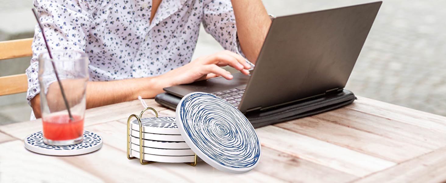 Absorbent Coasters Set of 6 Round Ceramic Coasters for Drinks Modern Blue Boho Coaster with Holder for Coffee Table Decor, Outdoor, Desk