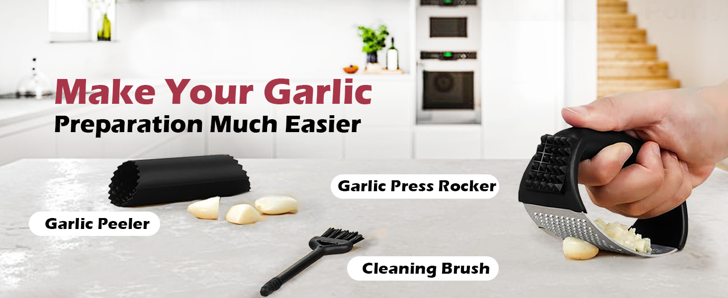 Garlic Press Rocker Set，Stainless Steel Garlic Mincer Tool with Garlic Peeler and Cleaning Brush Kitchen Gadgets Essentials Garlic Chopper