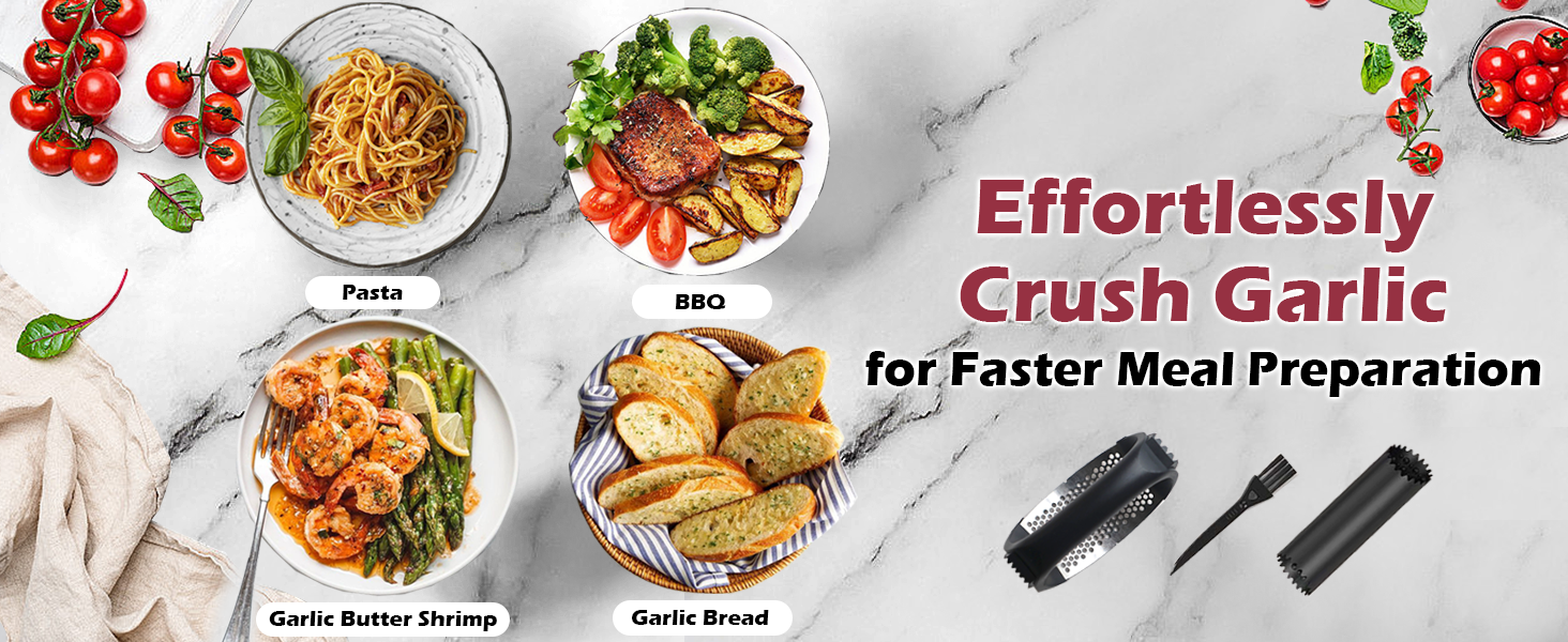 Garlic Press Rocker Set，Stainless Steel Garlic Mincer Tool with Garlic Peeler and Cleaning Brush Kitchen Gadgets Essentials Garlic Chopper