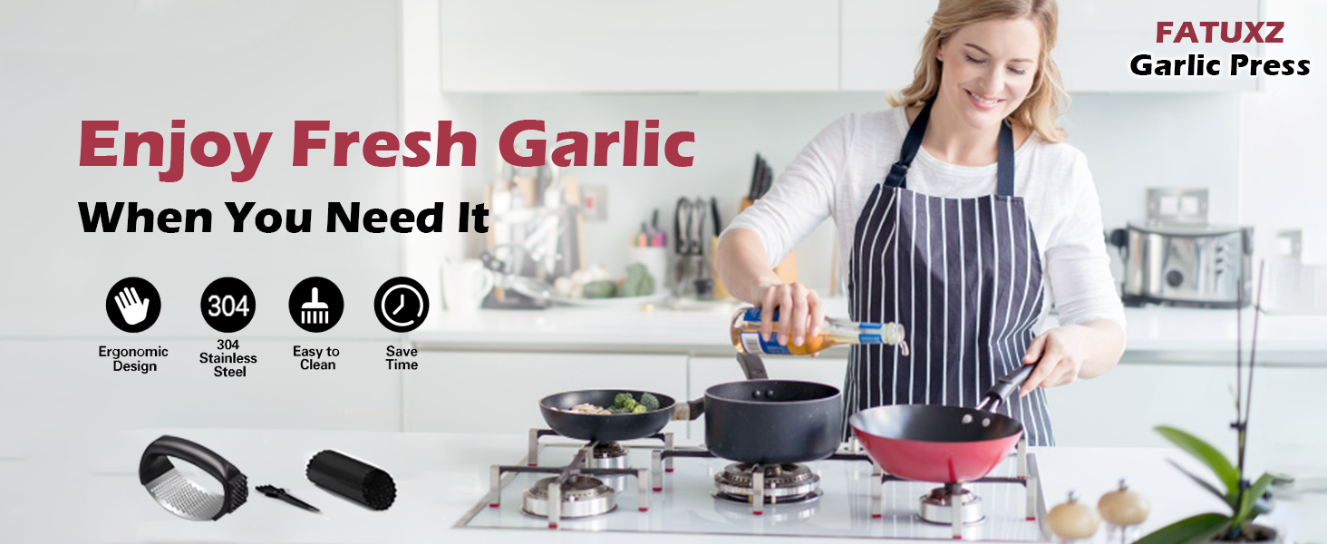 Garlic Press Rocker Set，Stainless Steel Garlic Mincer Tool with Garlic Peeler and Cleaning Brush Kitchen Gadgets Essentials Garlic Chopper