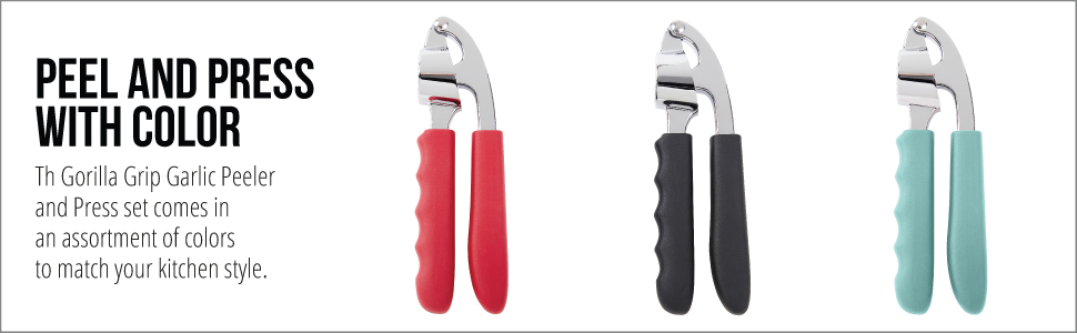 GORILLA GRIP Garlic Press and Peel Set, Heavy Duty Mincer Tool, Large Ergonomic Handle, Easily Mince and Crush Garlics, Ginger, Nuts, Seeds, Peeler Included, Peeling Cloves, Kitchen Gadgets, Black