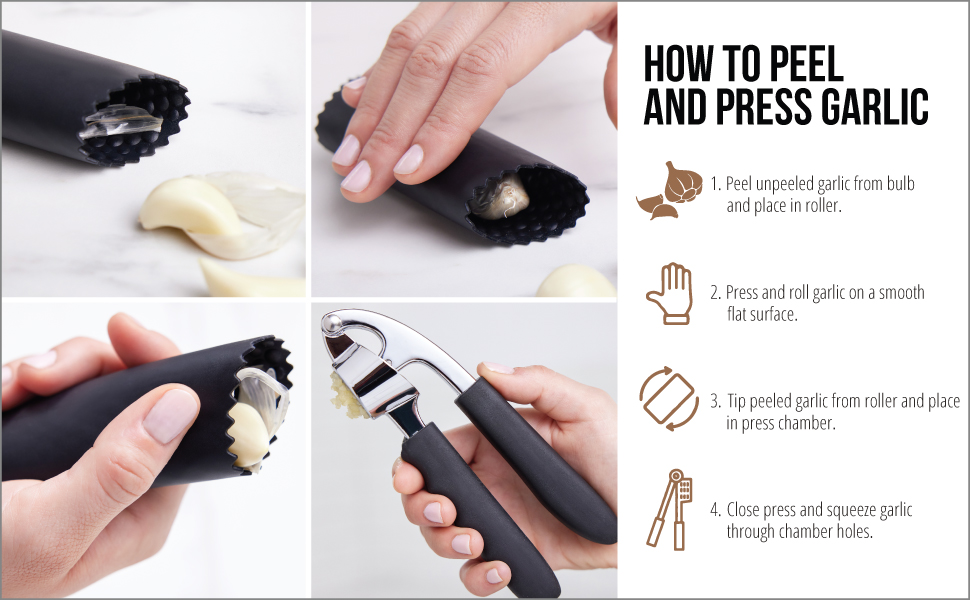 GORILLA GRIP Garlic Press and Peel Set, Heavy Duty Mincer Tool, Large Ergonomic Handle, Easily Mince and Crush Garlics, Ginger, Nuts, Seeds, Peeler Included, Peeling Cloves, Kitchen Gadgets, Black