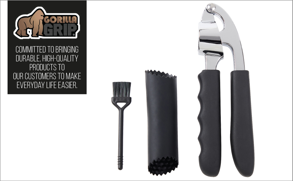 GORILLA GRIP Garlic Press and Peel Set, Heavy Duty Mincer Tool, Large Ergonomic Handle, Easily Mince and Crush Garlics, Ginger, Nuts, Seeds, Peeler Included, Peeling Cloves, Kitchen Gadgets, Black