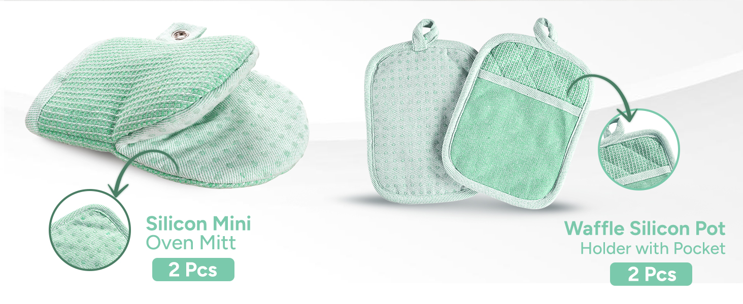 Casa Platino Heat Resistant Oven Mitts & Pot Holders, 4-Piece – Oven Mitt for Baking & BBQ, Potholders for Kitchens – Withstands Heat Up to 500°F, Soft, Durable & Non-Slip – Sage