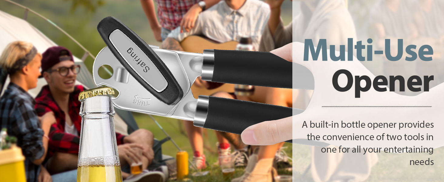 Can Opener Manual, Heavy Duty Handheld Strong Can Opener with Soft Touch Handle, Sharp Blade Smooth Edge, Can Openers with Multifunctional Bottle Opener, Black