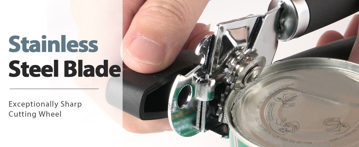 Can Opener Manual, Heavy Duty Handheld Strong Can Opener with Soft Touch Handle, Sharp Blade Smooth Edge, Can Openers with Multifunctional Bottle Opener, Black