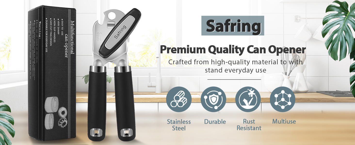 Can Opener Manual, Heavy Duty Handheld Strong Can Opener with Soft Touch Handle, Sharp Blade Smooth Edge, Can Openers with Multifunctional Bottle Opener, Black