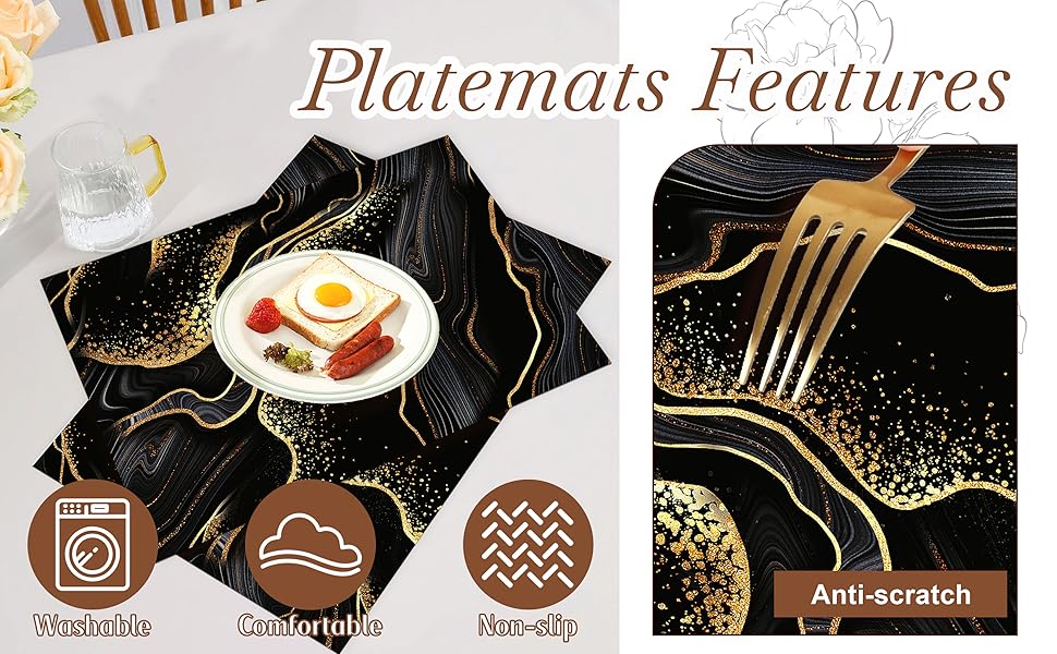 Black Gold Marble Texture Placemats Set of 4, Black Table Mats, Heat Resistant Washable Linen Place Mats for Kitchen Dining Table Farmhouse 12