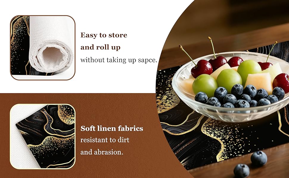 Black Gold Marble Texture Placemats Set of 4, Black Table Mats, Heat Resistant Washable Linen Place Mats for Kitchen Dining Table Farmhouse 12