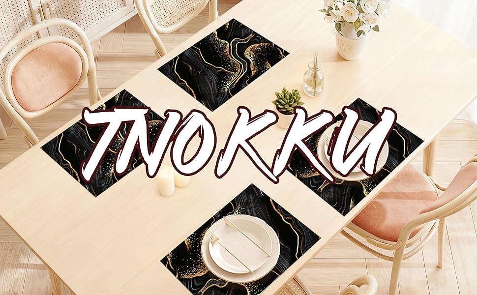 Black Gold Marble Texture Placemats Set of 4, Black Table Mats, Heat Resistant Washable Linen Place Mats for Kitchen Dining Table Farmhouse 12