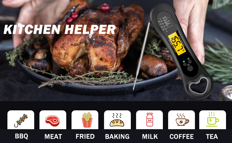 Meat Thermometer Digital, Instant Read Meat Thermometer for Grill and Cooking, with Bottle Opener, Backlight & Calibration Food Thermometer, Kitchen Gadgets for BBQ, Turkey, Candy, Liquids