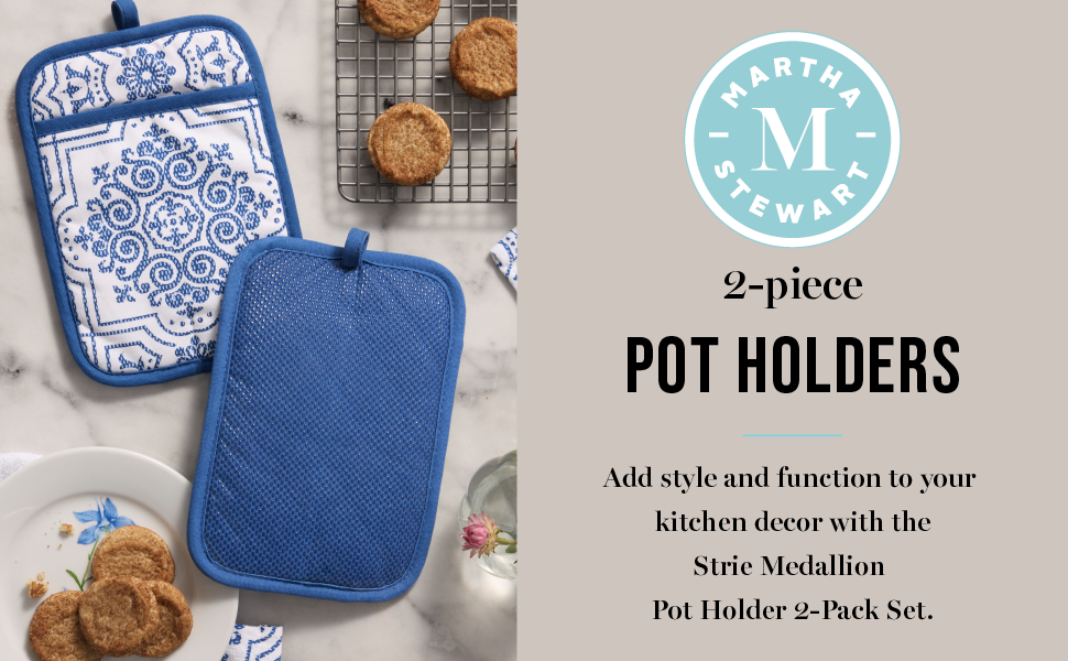MARTHA STEWART Strie Medallion Pot Holder 2-Pack Set, Heat Resistant, Non-Slip Silicone Grip, Navy Blue, 7